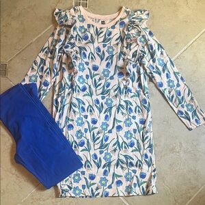 Tea Floral Long Sleeve Dress with Blue Leggings